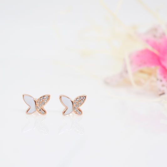 925 Sterling Silver White Enamel Butterfly Ear Studs in Rose Gold